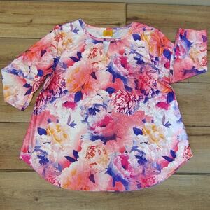 Ruby Rd. watercolor-style blossoms Blouse Women's Large Silky Knit Keyhole